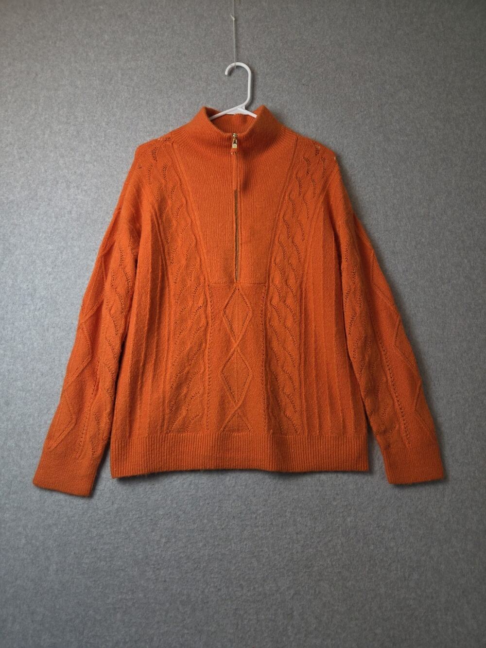 Talbots Orange LS Soft Cableknit Half Zip Collar Sweater Women's Medium Stretch